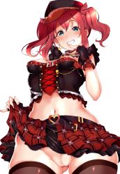 Rule 34 | 1girl, aqua eyes, belt, black gloves, blur censor, blush, breasts, censored, choker, cleft of venus, clothes lift, corset, cross-laced clothes, doyagao, earrings, flashing, frilled choker, frilled straps, frills, gloves, grin, hair between eyes, half gloves, hand on own face, hat, highres, jewelry, kurosawa ruby, kuzu kow, layered skirt, lifting own clothes, looking at viewer, love live!, love live! school idol festival, love live! school idol festival all stars, love live! sunshine!!, microskirt, midriff, navel, nipple slip, nipples, no panties, plaid, plaid skirt, pleated skirt, pussy, raised eyebrows, red hair, red skirt, sidelocks, simple background, skindentation, skirt, skirt lift, small breasts, smile, smirk, smug, solo, thick thighs, thighhighs, thighs, two side up, upskirt, white background, wide hips
