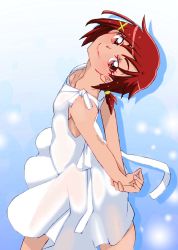 Rule 34 | 1girl, closed mouth, commentary request, dress, graphite (medium), hino akane (smile precure!), looking at viewer, millipen (medium), onnaski, precure, red eyes, red hair, see-through, short hair, smile, smile precure!, solo, traditional media, white dress
