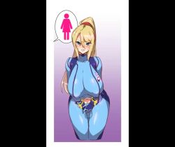 Rule 34 | 1girl, animated, between legs, blonde hair, blue bodysuit, blue eyes, blush, bodysuit, bouncing breasts, breasts, clenched teeth, covered collarbone, covered erect nipples, covering crotch, covering privates, cropped legs, embarrassed, female focus, gradient background, hair between eyes, hair tie, half-closed eye, hand between legs, have to pee, huge breasts, leaking, leaning forward, legs together, long hair, looking at viewer, looping animation, lowres, metroid, navel, nintendo, nose blush, own hands together, pee, peeing, peeing self, pillarboxed, ponytail, purple background, s doubt90, samus aran, shiny clothes, sidelocks, simple background, skin tight, solo, speech bubble, standing, suhamaya, sweat, teeth, torn bodysuit, torn clothes, uneven eyes, v-shaped eyebrows, video, wet, wet clothes, wince, zero suit