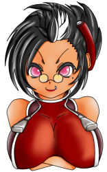 Rule 34 | 1girl, arc system works, bare shoulders, black hair, blazblue, blazblue: calamity trigger, breasts, colored skin, crossed arms, fangs, female focus, firial, gender request, genderswap, glasses, gradient hair, hair ornament, iron tager, large breasts, mole, multicolored hair, pink eyes, red skin, short hair, simple background, solo, white background, white hair