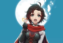 Rule 34 | 1girl, :o, ahoge, black gloves, breasts, brown hair, cape, elbow gloves, fingerless gloves, gloves, gradient hair, grey eyes, heart, medium breasts, multicolored hair, open mouth, red cape, red hair, ruby rose, rwby, short hair, solo, upper body, uyalago