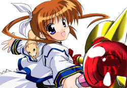 Rule 34 | 00s, 1girl, :d, animal, blue eyes, bow, bowtie, brown hair, capelet, ferret, green eyes, hair ribbon, holding, long sleeves, looking at viewer, lyrical nanoha, magical girl, mahou shoujo lyrical nanoha, open mouth, raising heart, raising heart (device mode), red bow, red hair, ribbon, rod, short hair with long locks, simple background, smile, solo, staff, takamachi nanoha, takamachi nanoha (original mode), twintails, upper body, wand, white background, yuuno scrya