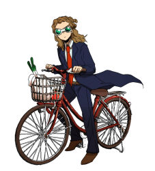 Rule 34 | 1boy, bag, basket, belt, bicycle, blue jacket, blue pants, brown footwear, brown hair, buckle, coat, collared shirt, dreadlocks, formal, full body, glasses, groceries, inazuma eleven, inazuma eleven (series), inazuma eleven go, jacket, kidou yuuto, long sleeves, looking at viewer, male focus, necktie, pants, primavera (more), red necktie, shirt, shoes, shopping bag, simple background, solo, spring onion, standing, suit, white background, white shirt