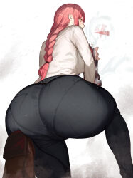 Rule 34 | 1girl, absurdres, ass, ass focus, black pants, blood on shoes, braid, braided ponytail, chainsaw man, commentary request, goddess of victory: nikke, highres, kikimifukuri, looking at viewer, looking back, makima (chainsaw man), on one knee, pants, pantylines, pink hair, ringed eyes, shirt, simple background, white shirt