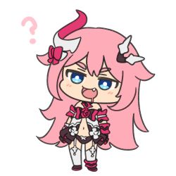 Rule 34 | 1girl, :d, ?, antenna hair, bare shoulders, basukechi, blue eyes, chibi, fang, full body, hair between eyes, hair ornament, honkai (series), honkai impact 3rd, horns, long hair, looking at viewer, open clothes, open mouth, pink hair, rozaliya olenyeva, saliva, simple background, single horn, smile, solo, thighhighs, v-shaped eyebrows, white background, white thighhighs
