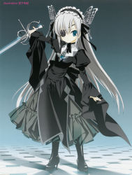 1girl black_dress blue_eyes boots checkered_floor dress eyepatch female_focus floor full_body gothic_lolita gradient_background grey_hair hairband high_heels highres jewelry lolita_fashion long_hair miyashita_miki non-web_source pendant ribbon shoes simple_background solo standing sword very_long_hair weapon