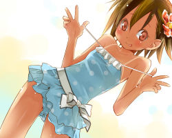 Rule 34 | 1girl, :p, blush, brown eyes, brown hair, casual one-piece swimsuit, dutch angle, eretto, flower, hair flower, hair ornament, last order (toaru majutsu no index), one-piece swimsuit, polka dot, polka dot swimsuit, solo, swimsuit, tan, tanline, toaru majutsu no index, tongue, tongue out