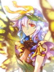 Rule 34 | 1girl, blue hair, breasts, brown eyes, butterfly hair ornament, butterfly wings, dress, eternity larva, green dress, hair ornament, hidden star in four seasons, insect wings, leaf, leaf hair ornament, leaf on head, smile, solo, touhou, wings, zounose