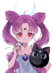 Rule 34 | 1girl, aged down, ahoge, alternate costume, bandaid, bandaid on face, bishoujo senshi sailor moon, black lady (sailor moon), chibi usa, child, closed mouth, cone hair bun, crescent, crescent facial mark, crescent moon, double bun, facial mark, facing viewer, food, forehead mark, gem, hair bun, heart, highres, holding, ice cream, jewelry, long hair, looking at viewer, luna-p, melting, moon, nail polish, necklace, newz (primnewz), no nose, parted bangs, pink hair, red eyes, red nails, sad, solo, spilling, twintails, very long hair, white background