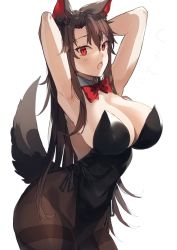 Rule 34 | 1girl, animal ears, armpits, arms up, bad id, bad twitter id, bare arms, bare shoulders, black leotard, black pantyhose, bow, bowtie, brown hair, commentary request, cowboy shot, imaizumi kagerou, leotard, long hair, looking at viewer, nontraditional playboy bunny, open mouth, pantyhose, playboy bunny, red bow, red bowtie, red eyes, simple background, solo, standing, strapless, strapless leotard, suminagashi, tail, thighband pantyhose, thighs, touhou, very long hair, white background, wolf ears, wolf tail