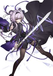 Rule 34 | 1girl, absurdres, animal ears, arknights, black dress, black hairband, breasts, brown pantyhose, commentary request, dress, feet out of frame, hair between eyes, hairband, highres, holding, holding sword, holding weapon, kyo (krokikyon), lin (arknights), long hair, long sleeves, medium breasts, pantyhose, parted lips, purple hair, red eyes, sidelocks, solo, sword, very long hair, weapon, white background, wide sleeves
