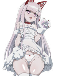 Rule 34 | 1girl, :p, animal ears, ass, bare shoulders, blunt bangs, blush, cameltoe, cat ears, collar, dress, female focus, gloves, hair ornament, highres, long hair, looking at viewer, mole, mole under eye, namahoshi-chan, nomanota, panties, pink hair, purple eyes, shinsougumi, simple background, solo, tail, thighhighs, tongue, tongue out, underwear, virtual youtuber, white background, white dress, white panties, white thighhighs