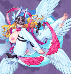 Rule 34 | 1girl, absurdres, angel, angewomon, animal ears, ass, blonde hair, blue pantyhose, bow, bowtie, breasts, covered eyes, crotchless, crotchless pantyhose, digimon, digimon (creature), feathered wings, flying, full body, grin, helmet, helmet over eyes, highres, huge breasts, long hair, multiple wings, nipples, pantyhose, pink bow, pink bowtie, pussy, rabbit ears, smile, stirrup legwear, supersatanson, thick thighs, thighs, toeless legwear, uncensored, winged helmet, wings, wrist wings