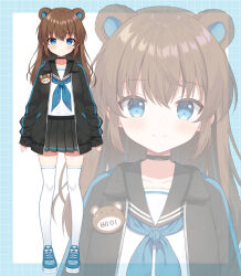 Rule 34 | 1girl, animal ears, bear ears, black jacket, black sailor collar, black skirt, blue background, blue eyes, blue footwear, blue hair, blue neckerchief, brown hair, closed mouth, commentary request, indie virtual youtuber, jacket, korean commentary, long hair, long sleeves, mauve, multicolored hair, neckerchief, open clothes, open jacket, pleated skirt, puffy long sleeves, puffy sleeves, sailor collar, school uniform, serafuku, shirt, shoes, skirt, sleeves past wrists, smile, solo, streaked hair, textless version, thighhighs, two-tone background, virtual youtuber, white background, white shirt, white thighhighs, yosha bay, zoom layer