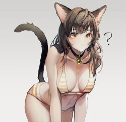 Rule 34 | 1girl, ?, animal ears, arm support, bell, bikini, black collar, black tail, blush visible through hair, breasts, breasts apart, brown hair, cat ears, cat girl, cat tail, closed mouth, collar, collarbone, commentary, cowboy shot, english commentary, grey background, hair over shoulder, halterneck, jingle bell, large breasts, leaning forward, long hair, mole, mole under eye, multicolored bikini, multicolored clothes, navel, orange bikini, orange eyes, original, solo, striped bikini, striped clothes, swimsuit, tail, white bikini, yeonjun park