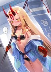 Rule 34 | 1girl, bare shoulders, bikini, black bikini, blonde hair, blue kimono, blush, breasts, closed mouth, commentary request, facial mark, fang, fang out, fate/grand order, fate (series), fingernails, flower, forehead mark, hibiscus, highres, horns, ibaraki douji (fate), ibaraki douji (fate/grand order), ibaraki douji (swimsuit lancer) (fate), ibaraki douji (swimsuit lancer) (first ascension) (fate), japanese clothes, kimono, lips, long hair, looking at viewer, navel, off shoulder, oni, oni horns, open clothes, open kimono, pointy ears, sharp fingernails, small breasts, solo, swimsuit, tattoo, translation request, very long hair, yapo (croquis side), yellow eyes