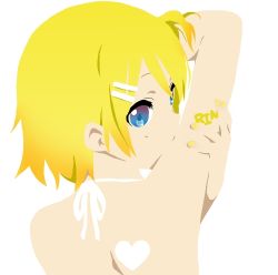 Rule 34 | 1girl, 3aya n, arm up, back, bare shoulders, blonde hair, blue eyes, bodypaint, covered mouth, from behind, hair ornament, hairclip, heart, k-on!, kagamine rin, looking back, lowres, nail polish, parody, short hair, simple background, solo, style parody, tattoo, vocaloid