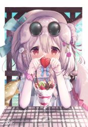 Rule 34 | 1girl, animal ears, azur lane, bad id, bad pixiv id, bare shoulders, blue bow, blush, bow, braid, brown-framed eyewear, brown hair, brown headwear, collarbone, commentary request, covered mouth, dog ears, dog girl, dog tail, dress, eyewear on head, flower, food, frilled innertube, fruit, hair between eyes, hair bun, hair flower, hair ornament, hair over shoulder, hairclip, hands up, heart, highres, holding, holding food, innertube, kisaragi (azur lane), long hair, nail art, nail polish, nose blush, off-shoulder dress, off shoulder, original, parfait, pink nails, red hair, siera (sieracitrus), single braid, single side bun, solo, strawberry, sunglasses, swim ring, tail, upper body, white dress, white flower, x hair ornament