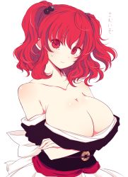 Rule 34 | 1girl, bare shoulders, bianco (mapolo), blush, breast rest, breasts, cleavage, coin, collarbone, duplicate, hair bobbles, hair ornament, highres, huge breasts, looking at viewer, obi, off shoulder, onozuka komachi, red eyes, red hair, ribbon, sash, simple background, solo, sweatdrop, text focus, touhou, translated, twintails, two side up, upper body, white background