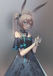 Rule 34 | 1girl, absurdres, ahoge, amiya (arknights), animal ears, arknights, black background, black neckwear, black scarf, blue dress, blue eyes, blue nails, brown hair, commentary request, dress, floral dress, gloves, gradient background, hair between eyes, hair ornament, half gloves, highres, infection monitor (arknights), kuweichuanxin jr, looking at viewer, mesh, nail polish, off-shoulder dress, off shoulder, open mouth, own hands together, partially fingerless gloves, ponytail, rabbit girl, scarf, smile, solo