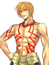 Rule 34 | 00s, 1boy, blonde hair, earrings, fate/stay night, fate (series), gilgamesh (fate), ichimedoo, jewelry, male focus, necklace, red eyes, topless male, smile, solo, tattoo