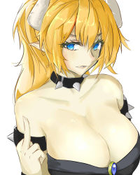 Rule 34 | 1girl, bare shoulders, black collar, black dress, blonde hair, blue eyes, blush, bowsette, breasts, cleavage, collar, collarbone, commentary request, dress, horns, large breasts, long hair, looking at viewer, lzayui sabeth, mario (series), middle finger, new super mario bros. u deluxe, nintendo, open mouth, pointy ears, simple background, solo, upper body, white background