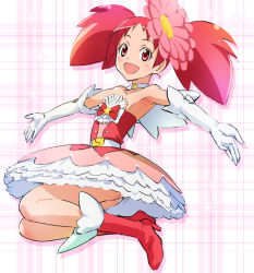 Rule 34 | 10s, 1girl, april fools, armpits, bare shoulders, boots, choker, elbow gloves, flower, gerbera pink, gloves, hair flower, hair ornament, haruyama kazunori, looking at viewer, magical flowers, magical girl, open mouth, outstretched arms, pink eyes, pink hair, servant x service, short hair, skirt, solo, star (symbol)
