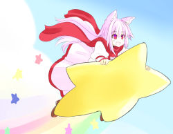 Rule 34 | 1girl, animal ears, bad id, bad pixiv id, kirby (series), long hair, nintendo, open mouth, pink hair, red eyes, red scarf, scarf, smile, solo, star (symbol), warp star, yu-ves
