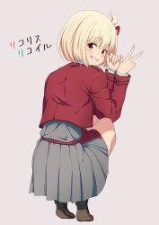 Rule 34 | 1girl, absurdres, belt, blonde hair, brown footwear, commentary request, copyright name, dress, full body, grey background, grey dress, hair between eyes, hair ribbon, highres, jacket, long sleeves, looking at viewer, looking back, lycoris recoil, lycoris uniform, nishikigi chisato, nishizuki shino, one side up, open mouth, partial commentary, pleated dress, red belt, red dress, red eyes, red jacket, red ribbon, ribbon, shirt, short hair, simple background, smile, solo, squatting, teeth, translated, two-tone dress, v, white shirt