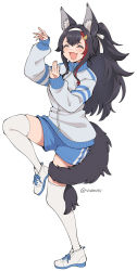 Rule 34 | 1girl, animal ear fluff, animal ears, black hair, blue shorts, blush, fang, flipped hair, full body, gym shorts, gym uniform, hair between eyes, hair ornament, hair ribbon, hairband, hairclip, highres, hololive, jacket, leg up, long hair, long sleeves, multicolored hair, ookami mio, open mouth, ponytail, red hair, ribbon, shorts, simple background, skin fang, skindentation, smile, solo, standing, streaked hair, tail, tail around own leg, tail wrap, track jacket, twitter username, vinhnyu, virtual youtuber, white background, white hairband, white jacket, white ribbon, wolf ears, wolf girl, wolf tail, yotsubato!, yotsubato! pose