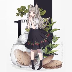 Rule 34 | 1girl, absurdres, animal ear fluff, animal ears, black bow, black skirt, black socks, blush, bow, cat ears, cat girl, cat tail, closed mouth, cookie, food, food print, grey eyes, grey hair, hair bow, highres, holding, holding food, long hair, original, pleated skirt, print skirt, puffy short sleeves, puffy sleeves, quiss, shirt, short sleeves, skirt, smile, socks, solo, standing, strawberry print, tail, transparent, very long hair, white shirt