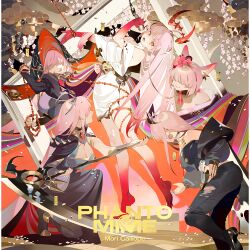 Rule 34 | 5girls, album cover, animal ear fluff, animal ears, barefoot, black nails, black tiara, cat ears, cover, english text, holding, holding scythe, holding weapon, hololive, hololive english, kneeling, looking at viewer, microphone, mori calliope, mori calliope (1st costume), mori calliope (jigoku 6), mori calliope (new year), multiple girls, multiple persona, official art, pink hair, rei (sanbonzakura), scythe, tiara, weapon