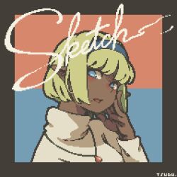 Rule 34 | 1girl, artist name, black border, blonde hair, blue eyes, blue headband, blush, border, brown sweater, dark-skinned female, dark skin, hand on own cheek, hand on own face, headband, jewelry, looking at viewer, lowres, necklace, open mouth, original, pixel art, pointy ears, short hair, solo, sweater, tsugu (tsugu5656), turtleneck, turtleneck sweater