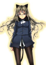 Rule 34 | 00s, 1girl, animal ears, blonde hair, brown eyes, cat ears, cat tail, crotch seam, glasses, highres, long hair, panties, panties under pantyhose, pantyhose, perrine h. clostermann, solo, strike witches, tail, takenaka hideo, underwear, uniform, world witches series