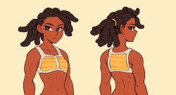Rule 34 | 1girl, breasts, brown eyes, brown hair, dark-skinned female, dark skin, dragon ball, female focus, looking at viewer, looking back, muscular, muscular female, nortuet, revealing clothes, simple background, small breasts, solo, sweedi (nortuet)