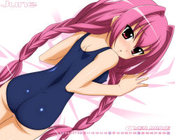 Rule 34 | 1girl, ass, back, bed sheet, blush, braid, breasts, calendar, di gi charat, dimples of venus, covered erect nipples, from above, from behind, june, long hair, looking back, lying, medium breasts, on stomach, one-piece swimsuit, pink eyes, pink hair, school swimsuit, skin tight, solo, sugimura tomokazu, swimsuit, twin braids, usada hikaru