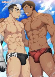 Rule 34 | 2boys, abs, asymmetrical hair, bara, beach, black male swimwear, brown hair, bulge, clothes writing, cross scar, crossover, dark-skinned male, dark skin, dota: dragon&#039;s blood, dota (series), dota 2, dragon knight (dota), eye contact, hand on another&#039;s shoulder, interracial, large pectorals, looking at another, male focus, male swimwear, multicolored hair, multiple boys, muscular, muscular male, navel, nipples, pectorals, prosthesis, prosthetic arm, red male swimwear, scar, scar on arm, scar on chest, scar on face, scar on leg, scar on nose, short hair, sideburns, sidecut, smile, stomach, suiton, swim briefs, takashi shirogane, thick eyebrows, thighs, topless male, two-tone hair, undercut, voltron: legendary defender, voltron (series), water, yaoi