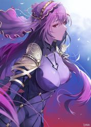 Rule 34 | 1girl, armor, artist name, blush, bodysuit, breasts, circlet, commentary request, covered navel, damda, fate/grand order, fate (series), gem, hair between eyes, large breasts, long hair, looking at viewer, pauldrons, purple bodysuit, purple hair, red eyes, red gemstone, scathach (fate), shoulder armor, solo, taut bodysuit, very long hair