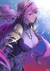 1girl armor artist_name blush bodysuit breasts circlet commentary_request covered_navel damda fate/grand_order fate_(series) gem hair_between_eyes large_breasts long_hair looking_at_viewer pauldrons purple_bodysuit purple_hair red_eyes red_gemstone scathach_(fate) shoulder_armor solo taut_bodysuit very_long_hair