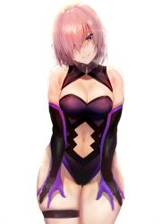 Rule 34 | breasts, center opening, cleavage, clothing cutout, collared leotard, colored skin, commentary request, cowboy shot, elbow gloves, fate/grand order, fate (series), female pubic hair, gloves, hair over one eye, highres, ikuchan kaoru, large breasts, leotard, light purple hair, mash kyrielight, multicolored skin, navel cutout, pubic hair, purple eyes, purple leotard, short hair, skindentation, smile, solo, standing, thigh strap