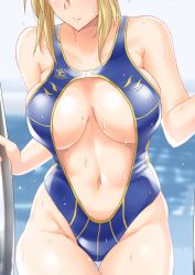 Rule 34 | 1girl, artoria pendragon (fate), artoria pendragon (lancer) (fate), bare arms, bare shoulders, blue one-piece swimsuit, blurry, blurry background, braid, breasts, breasts apart, casual one-piece swimsuit, center opening, climbing, climbing ladder, close-up, closed mouth, collarbone, colored eyelashes, commentary, cowboy shot, dripping, expressionless, fate/grand order, fate (series), french braid, gachou, groin, large breasts, looking at viewer, navel, one-piece swimsuit, pool, pool ladder, sideboob, sidelocks, solo, swimsuit, thigh gap, water drop, wet