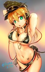 Rule 34 | 10s, 1girl, :o, armpits, arms behind head, arms up, belt, belt skirt, bikini, blonde hair, breasts, camouflage, cleavage, curvy, eyebrows, franz (217franz), green eyes, hair between eyes, halterneck, hat, headphones, highres, kantai collection, large breasts, long hair, looking at viewer, low twintails, micro bikini, navel, open mouth, peaked cap, prinz eugen (kancolle), solo, string bikini, swimsuit, throat microphone, twintails, twitter username, wide hips