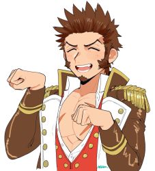 Rule 34 | 1boy, :d, ^ ^, blush, brown hair, buttons, clenched hands, closed eyes, collared jacket, commentary request, cross scar, epaulettes, facial hair, fate/grand order, fate (series), fringe trim, goatee, hands up, jacket, leather, leather jacket, long sideburns, long sleeves, male focus, military, military uniform, napoleon bonaparte (fate), open clothes, open mouth, partially unbuttoned, paw pose, pectorals, scar, scar on chest, shitappa, short hair, sideburns, signature, simple background, smile, solo, teeth, toned, toned male, uniform, upper body