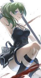 Rule 34 | 1girl, arm up, armpits, belt, black dress, black socks, blood, blood spray, breasts, commentary, dress, from below, green hair, grin, hair between eyes, hair over shoulder, highres, holding, holding polearm, holding weapon, knee up, kneehighs, long hair, looking at viewer, looking down, medium breasts, mofumofu (mofuevening), parted lips, polearm, purple eyes, sanpaku, side ponytail, sleeveless, smile, socks, solo, sousou no frieren, thigh strap, ubel (sousou no frieren), weapon, white background