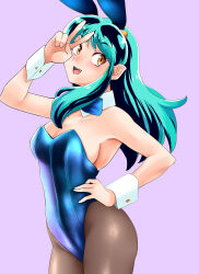 Rule 34 | 1girl, absurdres, animal ears, aqua hair, arched back, black hair, blue leotard, bow, bowtie, commentary request, cone horns, detached collar, fang, grey background, grey pantyhose, hand on own hip, highres, horns, leotard, long hair, looking at viewer, lum, multicolored hair, nanao futaba, orange eyes, pantyhose, playboy bunny, pointy ears, rabbit ears, rabbit tail, simple background, smile, solo, strapless, strapless leotard, tail, two-tone hair, urusei yatsura, v, wrist cuffs