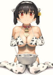 Rule 34 | 1girl, animal ears, animal print, bell, between breasts, bikini, blush, breasts, butter, closed mouth, collar, commentary request, cow ears, cow print, cow print bikini, cowbell, dated, ear tag, elbow gloves, fake animal ears, food, gaki kyonyuu, gloves, hairband, highres, kaedeko (kaedelic), large breasts, looking at viewer, navel, neck bell, oppai loli, print bikini, print gloves, print hairband, print thighhighs, red collar, red eyes, revision, sasaki kanna (kaedeko), short hair, signature, simple background, sitting, solo, sweatdrop, swimsuit, thighhighs, twintails, white background, white bikini, white gloves, white hairband, white thighhighs