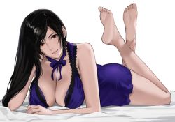 Rule 34 | 1girl, arm support, bare shoulders, barefoot, bed sheet, black hair, breasts, brown eyes, cleavage, closed mouth, dress, feet, feet up, female focus, final fantasy, final fantasy vii, final fantasy vii remake, hair behind ear, hand on own cheek, hand on own face, j@ck, legs up, long hair, looking at viewer, lying, official alternate costume, on stomach, parted bangs, purple dress, short dress, solo, square enix, swept bangs, the pose, thighs, tifa lockhart, tifa lockhart (refined dress), toes, wall market
