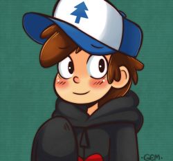 Rule 34 | 1boy, artist name, baseball cap, black eyes, brown hair, dipper pines, gias-ex-machella, gravity falls, green background, hat, hood, hoodie, long hair, male focus, oversized clothes, signature, simple background, smile, solo, standing