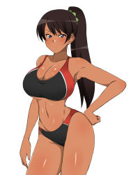 Rule 34 | 1girl, armpits, bare arms, bare legs, bare shoulders, black hair, blush, breasts, cleavage, collarbone, cowboy shot, dark-skinned female, dark skin, earrings, female focus, hand on own hip, highres, jewelry, kagemusha, large breasts, legs, long hair, looking at viewer, midriff, original, ponytail, purple eyes, serious, shiny skin, simple background, solo, sports bra, standing, thighs, white background