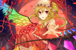 Rule 34 | 1girl, alternate wings, ascot, bad id, bad pixiv id, blonde hair, broken, broken chain, chain, chain, flandre scarlet, full moon, hat, hat ribbon, judo fuu, knees up, looking at viewer, mob cap, moon, outstretched hand, parted lips, petals, red eyes, red moon, ribbon, short hair, short sleeves, side ponytail, sitting, skull, sky, slit pupils, solo, star (sky), starry sky, touhou, wings